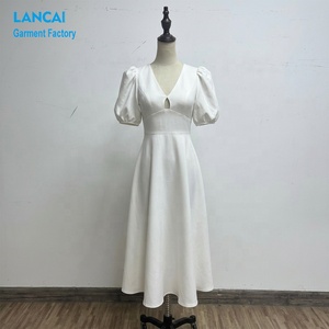 <span class=keywords><strong>Abito</strong></span> <span class=keywords><strong>Midi</strong></span> in <span class=keywords><strong>Raso</strong></span> Personalizzato OEM da Donna, Linea A, con Maniche Corte a Sbuffo e Dettaglio Keyhole, per Occasioni Casual e Nuziali - Product Image 3