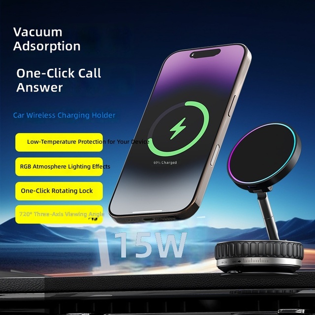 HotSale Magnetic RGB Ambient Light Phone Holder 15W Wireless Charging Foldable Rotating Car Mount