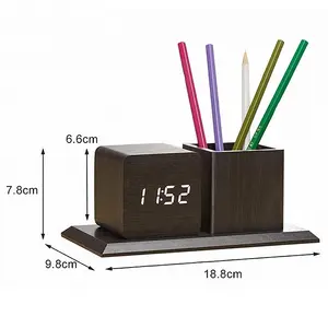 Holzuhr mit Stift halter LED-Ziffern Licht akustische Ton steuerung Thermometer Schreibtisch Tisch Wecker für Büro Student Geschenk