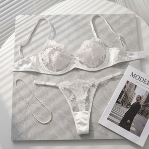 Women's White Floral Embroidery Sheer Mesh Bra and Thong <b>Set</b> 2 Piece Underwire Lace Intimates Lingerie <b>Set</b> <b>Sexy</b> Bra <b>Set</b> OEM ODM - Product Image 2