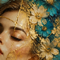 Art mural de portrait en feuille d'or de luxe, peinture à l'huile texturée 3D peinte à la main