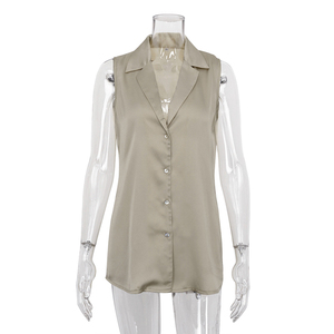 Camicie lunghe senza maniche in poliestere larghe abbigliamento da donna con bottone top Casual da donna camicette 2023 eleganti in raso - Product Image 4