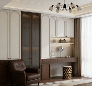 Armario de Dormitorio Moderno de Lujo con Puerta de Vidrio Arqueada y Tocador Integrado - Product Image 1