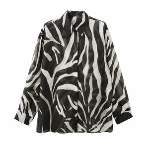 Blusa <span class=keywords><strong>de</strong></span> Mujer Personalizada <span class=keywords><strong>de</strong></span> Fábrica, Estampado <span class=keywords><strong>de</strong></span> <span class=keywords><strong>Cebra</strong></span> Blanco y Negro, Cuello Camisero, Manga Larga, Estilo Casual Vintage - Product Image 4