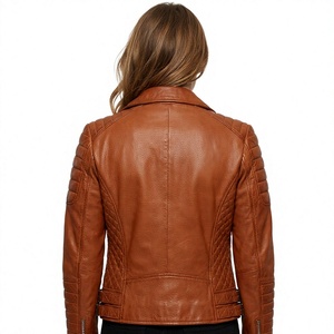 Chaqueta de Motociclista de Cuero Genuino para Mujer, Corte Ajustado, Cierre de Cremallera, Manga Larga, Cuello Alto, para Otoño - Product Image 5