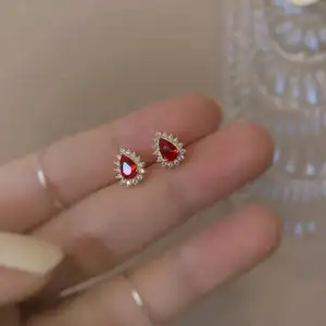 Full Diamond Elegant Plated 14k Gold Blood Red Drop-shaped Simple Silver Earrings Red Ruby Zircon Earring Ruby Earrings