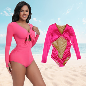 Bañador Moldeador <span class=keywords><strong>de</strong></span> Una Pieza y <span class=keywords><strong>Manga</strong></span> Larga en Triángulo <span class=keywords><strong>de</strong></span> Color Sólido para Vientre Plano - Product Image 1