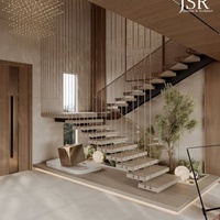 Escalier droit de style loft industriel, structure en acier apparente avec marches en bois