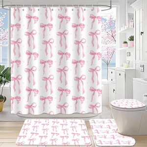 Juego <span class=keywords><strong>de</strong></span> <span class=keywords><strong>Baño</strong></span> <span class=keywords><strong>de</strong></span> Lujo con Lazo Rosa - Cortina <span class=keywords><strong>de</strong></span> Ducha Impermeable, Alfombra <span class=keywords><strong>de</strong></span> <span class=keywords><strong>Baño</strong></span>, Funda para Inodoro y Alfombra Antideslizante, Ideal para Decoración del Hogar Infantil - Product Image 5