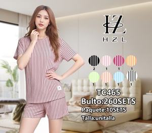 Tc465 Pigiama da donna a maniche corte a righe, morbido tessuto, pigiama estivo, girocollo, elastico in vita, pantaloncini, 2 pezzi - Product Image 3