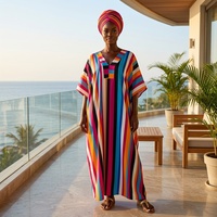 Nouvelles Robes d'été grande taille à imprimé rayé africain, col en V, coupe ample, style Kaftan Boubou pour femme, avec poches, ethniques, respirantes et infroissables