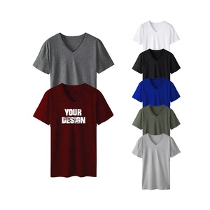 Camiseta al por mayor unisex con logo personalizado, cuello en V, manga corta, corte regular, algodón grueso, informal, estampada en serigrafía, lisa. - Product Image 1