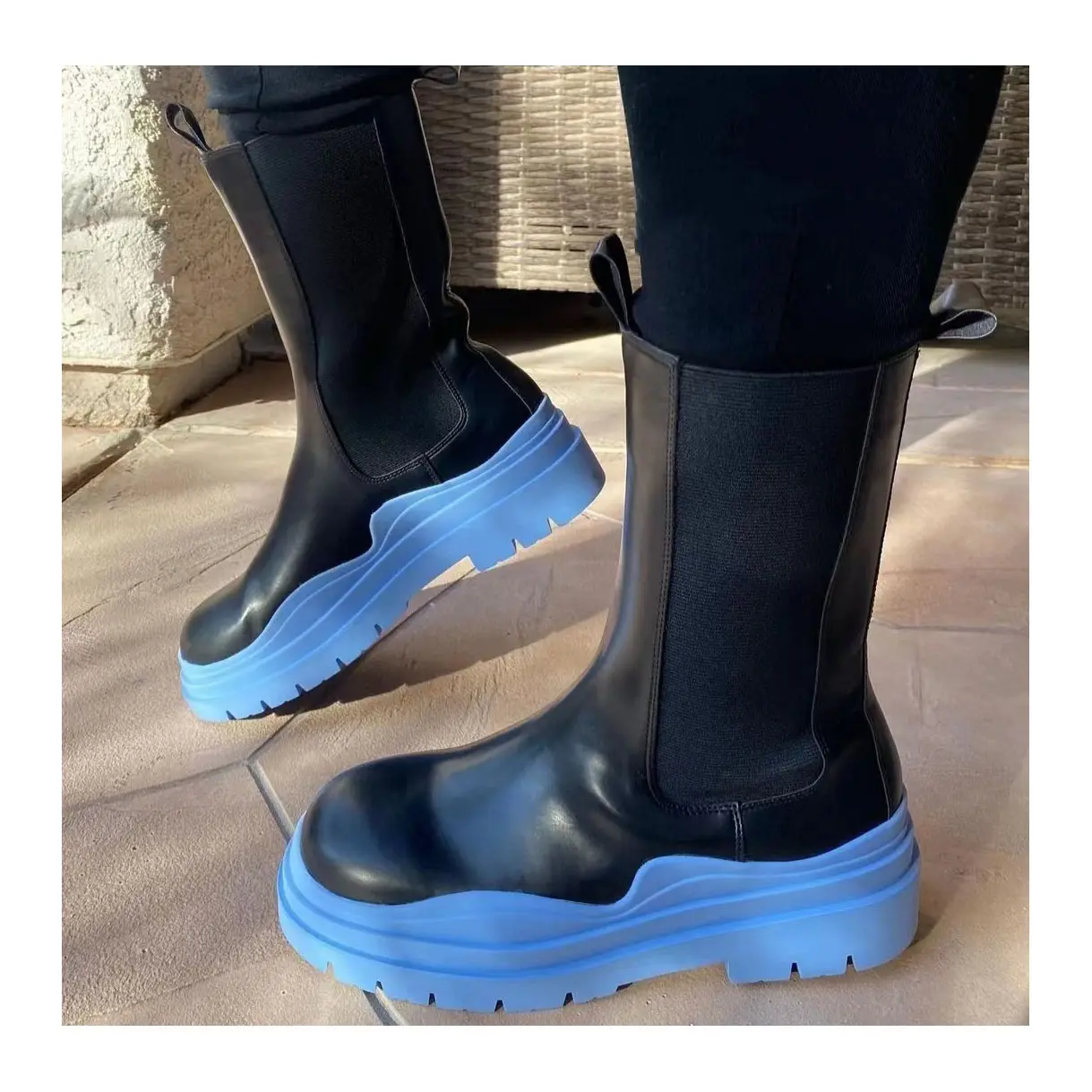 S375 Fashion Fall Solid Dick Sohlen Slip On Knöchel schuhe Wasserdichtes Leder Mid Calf Winter Leder Chunky Platform Damen stiefel