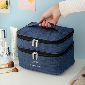 Double Layer Cosmetic Bag Large Capacity Waterproof Travel <b>Toiletry</b> <b>Storage</b> Case Grey Navy Blue - Product Image 2