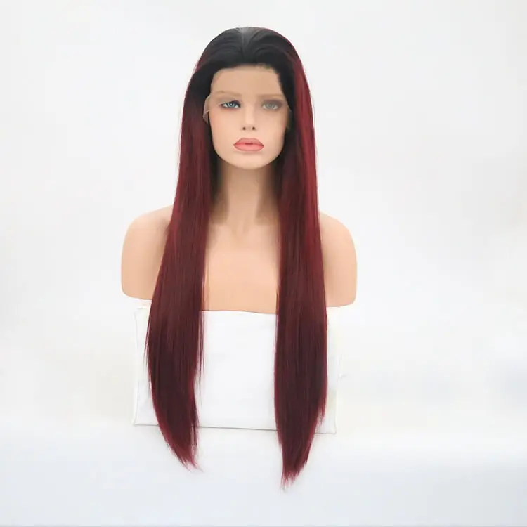 Factory wholesale wigs and wigs 13 * 4 T wine red chemical fiber front lace wig head cover partial long straight hair Wish quick