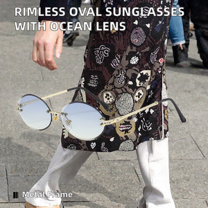 24020 Rimless Oval <b>Sunglasses</b> Men Small PC Frame Fashion <b>Gradient</b> Orange Lenses 2024 Vintage Eyewear - Product Image 2