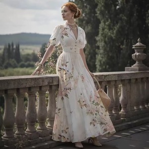Robe longue d'été vintage pour femme, taille haute, imprimé floral, col en V, manches lanternes, coupe évasée - Product Image 2