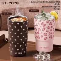 Tasse à café isotherme portable élégante en acier inoxydable 316L à double usage, motif léopard, avec poignée, anti-fuite, pour femme
