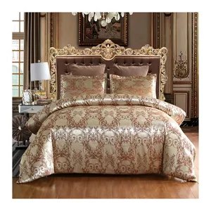 Estilo europeu clássico jacquard respirável tamanho king ouro seda cetim pura conjunto de cama