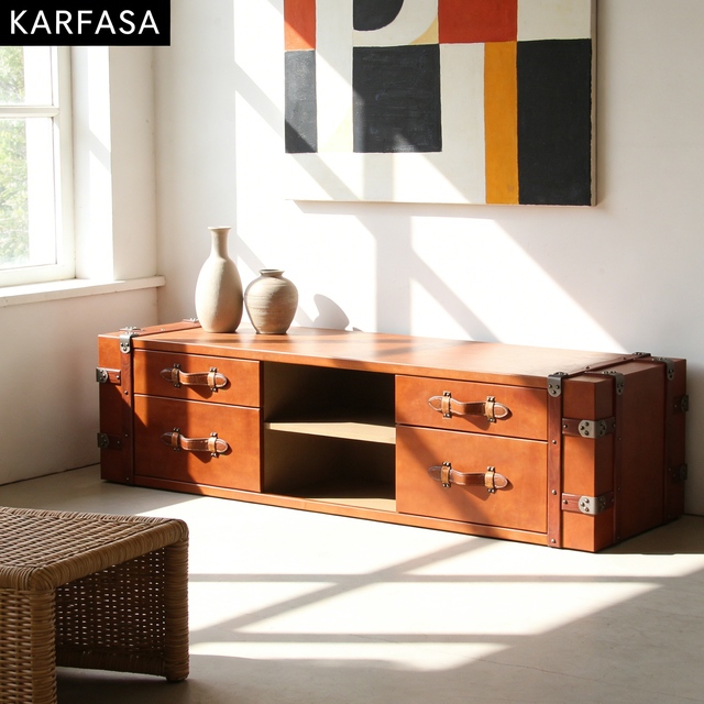 Retro Leather American Retro Style TV Cabinet Living Room Media Console with 4 Drawers Home Furniture OEM/ODM