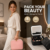 Miroir de Maquillage Pliable LED Personnalisé en Gros avec 3 Lumières Colorées, Grande Capacité, en Cuir PU, Organisateur de Voyage Beauté