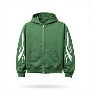 Sweat-shirt à capuche zippé vert pour homme, coupe classique, en molleton de coton, style décontracté automne, avec imprimé manches blanches - Product Image 1