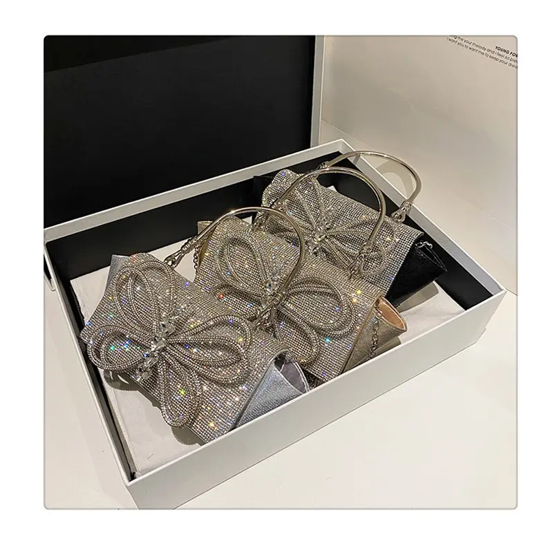 Elegant Luxury Evening Diamonds Clutch Bag Female Matel Handle Flap Crossbody Bags Women Party Butterfly Rhinestone Handbags