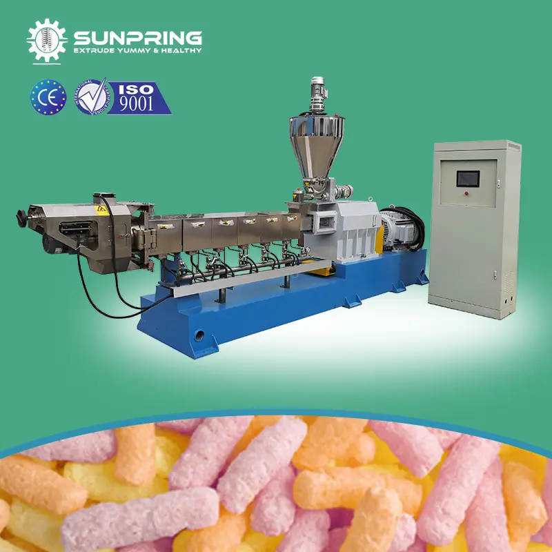 SUNPRING dua warna puff mesin makanan ringan ekstruder puff jagung mesin makanan ringan sereal manufaktur line