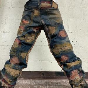 Jeans bootcut pour homme de qualité supérieure, style streetwear, effet délavé et vieilli, avec patchwork et motif 3D pour l'hiver 2025 - Product Image 3