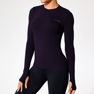 Ami Medea Women's Seamless <b>Long</b> <b>Sleeve</b> Yoga Top Crew Neck Fitted Fitness Wear Running Exercise Stretchy Ribbed <b>Base</b> <b>Layer</b> - Product Image 5