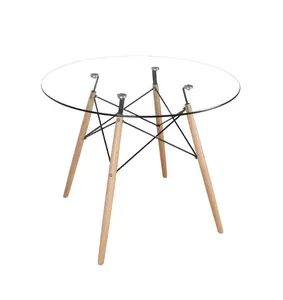 Modern Round Glass Dining Table with Wood Legs for Kitchen Dining Room and Living Room