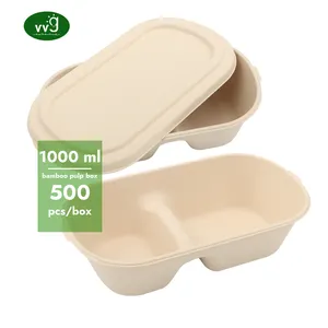 VVG 1000ml Food Packaging To-go Box 2 Compartment Biodegradable Bamboo Pulp Paper Lunch Bento Box Disposable