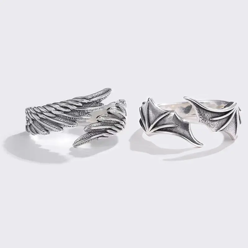 Модные Лидер продаж, серебряные регулируемые экзотические кольца в стиле ретро, ангельские крылья демона, панковские кольца для влюбленных
