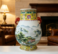 Urne décorative en porcelaine à motif paysage oriental, peinture chinoiserie pavillon montagne, vase en porcelaine avec oreilles d'éléphant