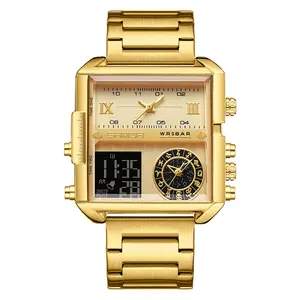 Reloj de pulsera dorado de cuarzo para hombre, cronógrafo con esfera grande de 3 zonas horarias, de lujo, de acero completo, 9008