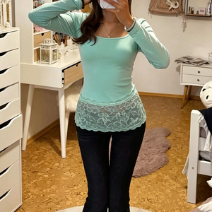 Pure Sexy Vintage Sheer Lace Patchwork <b>Square</b> <b>Neck</b> Slim Fit Layering <b>Top</b> Youthful Home Flattering Stretchy Versatile <b>Long</b> <b>Sleeve</b> - Product Image 5