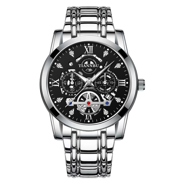 Silver Stainless Steel Watch with Black Dial Not Automatic Movement Watch