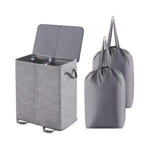 Double Laundry Basket with Lid Handles and Removable Laundry Bags