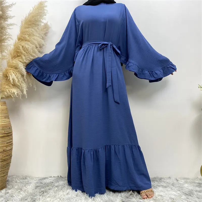 महिलाओं के लिए सबसे लोकप्रिय थोक पोशाक, ठोस रंग रफल्ड आस्तीन लंबे इस्लेमिक कपड़े डुबाई सरल मुस्लिम महिलाओं के अबाया रोबे