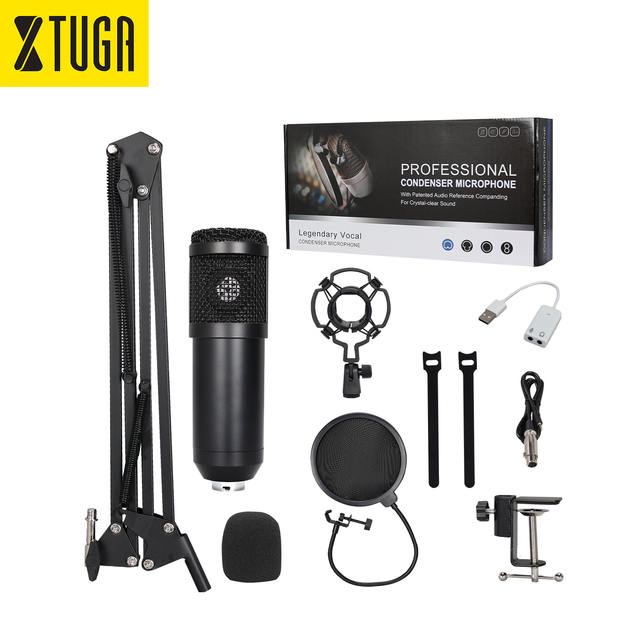 XTUGA BM800 USB Condenser Microphone Sound Card Cardioid Polar Pattern XLR Connector Studio Audio Recordings Live Metal Noise