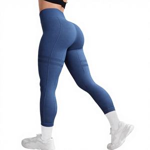 Leggings de yoga unis, longueur intégrale, taille haute, sans couture, en Spandex/Nylon, effet galbant, design froncé aux fesses, pour le fitness et le quotidien - Product Image 1