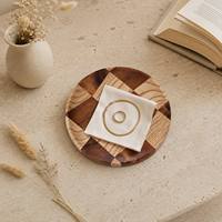 Plateau de service en bois naturel à motif damier, assiette à collation et dessert, plateau rond pour fruits, pain et gâteaux