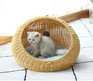 2021 Katzen bett für den Innenbereich eine überdachte moderne Katze Hideaway Hütte von Rattan Häuser Nest Haustiere in Kuppel korb Design Rattan Schlafs ofa Haustier - Product Image 4