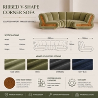 Canapé modulaire incurvé de luxe en velours vert olive sur mesure avec incrustation en bois de ronce, support de dessin CAO et service VIP