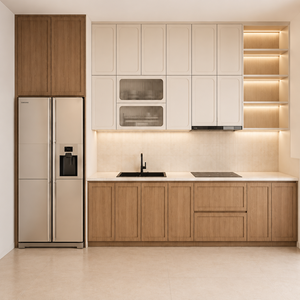 VCCUCINE-WOSR003 Armoire de <span class=keywords><strong>cuisine</strong></span> encastrée minimaliste en mélamine à grain de bois chêne chaud <span class=keywords><strong>et</strong></span> blanc crème, style Shaker, Foshan - Product Image 5