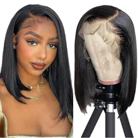 Perruques Courtes Bob en Cheveux Humains Vierges Indiens Bruts Non Transformés, Vente en Gros, Cuticules Alignées, Double Trame, Perruques Bob en Cheveux Humains avec Dentelle Frontale