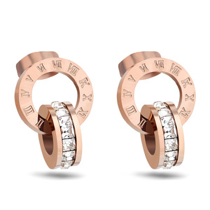 Rose Gold Stainless Steel <b>Stud</b> <b>Earrings</b> With Roman Numerals And Diamond Channel Setting 12mm Round Double Layer Design - Product Image 1