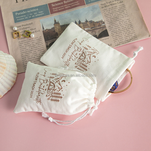 Small Custom Logo Printed Cotton Linen Pouch White Gift Garniture for Jewelry for Cosmetic <b>Makeup</b> and Packaging - Product Image 6
