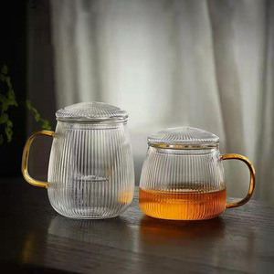 Tasse à thé en verre à rayures verticales avec filtre et couvercle à visser, idéale pour le bureau, ensemble de thé de l'après-midi - Product Image 1