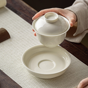 Apricot White Porcelain Gaiwan <b>Teacup</b> Handmade Three Piece Bowl High Footed Single Anti Scalding Kung Fu Tea Set - Product Image 3